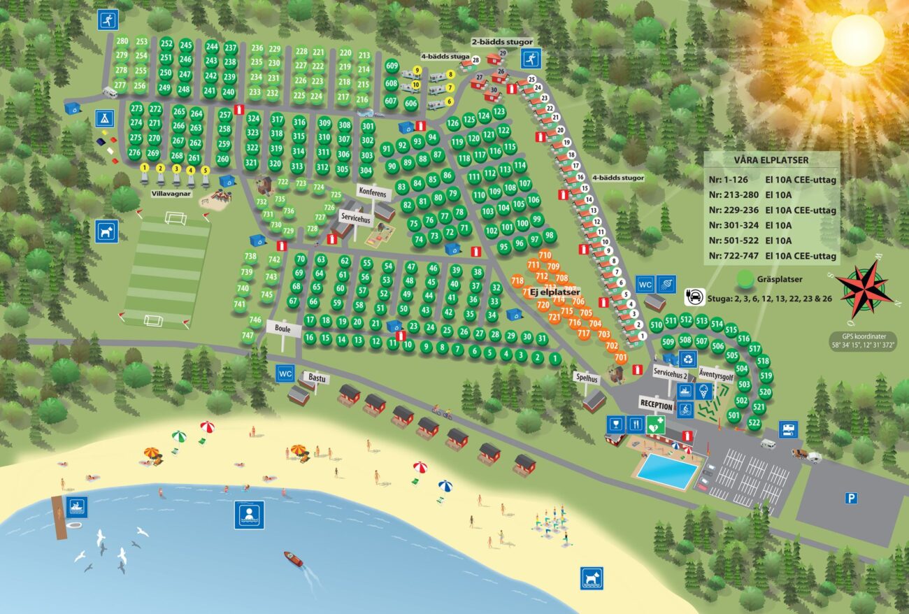 Illustrerad karta över Vita Sandars Camping